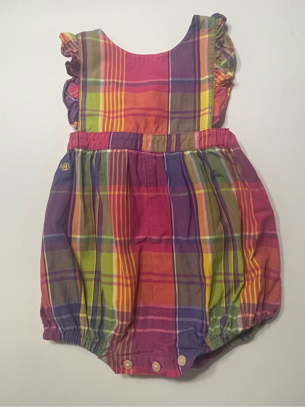 Vintage Ralph Lauren Pink Purple Green Yellow Plaid Bubble Baby Romper